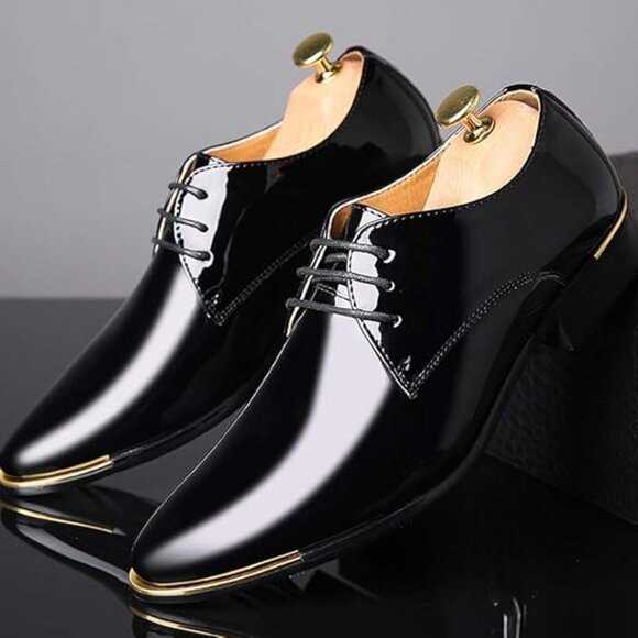 Santimon Men's US 8, 12 Black Patent Leather Lace Up Pointed Toe Oxford Shoes  P - Picture 1 of 10
